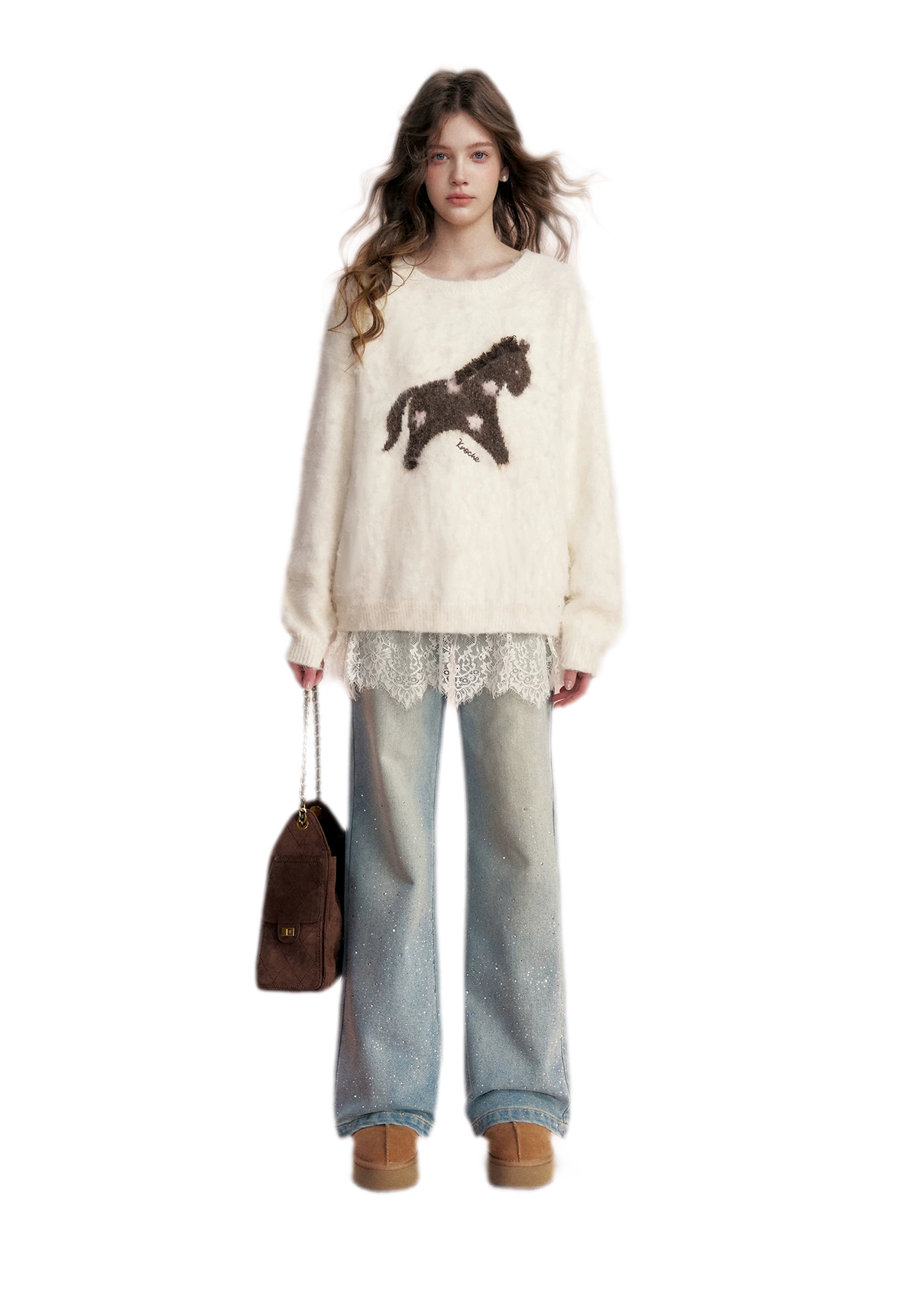 Embellished Fleece-Lined Wide-Leg Jeans