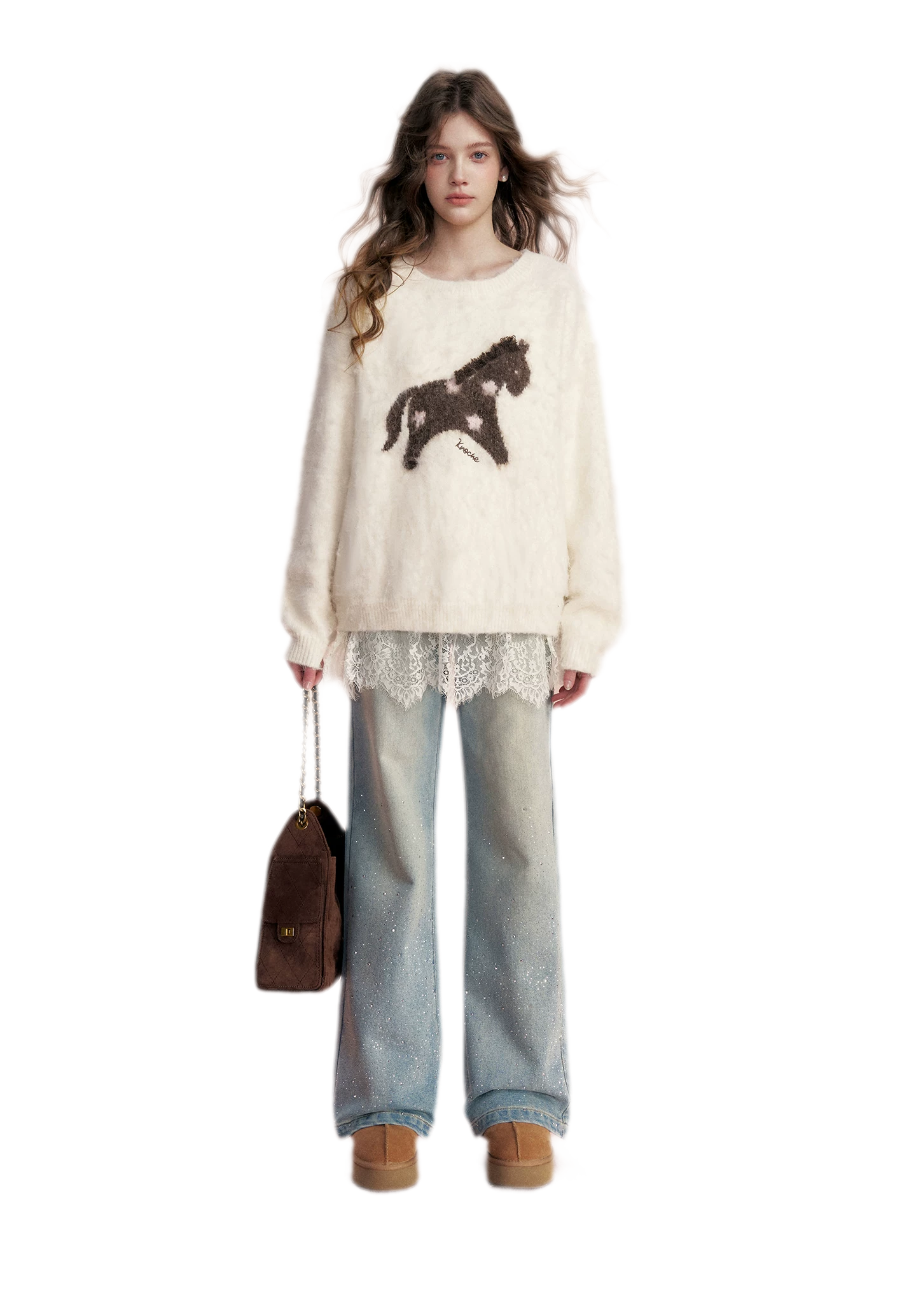Embellished Fleece-Lined Wide-Leg Jeans