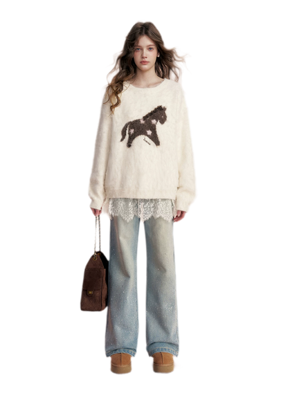 Embellished Fleece-Lined Wide-Leg Jeans