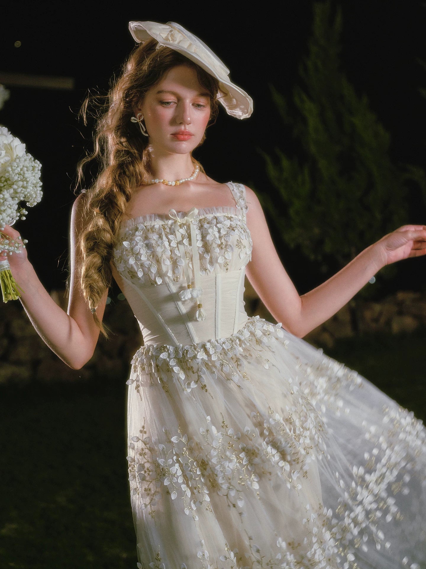 Embroidered Boned Waist Maxi Dress