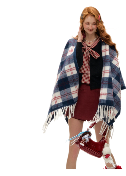 Vintage Plaid Fringed Shawl