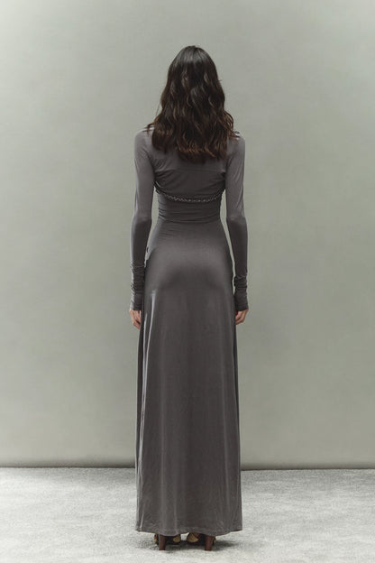 Laisel Handwoven Twist Metallic Chain Pleated Halter Dress