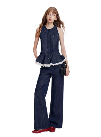 Lace Trim Peplum Denim Set