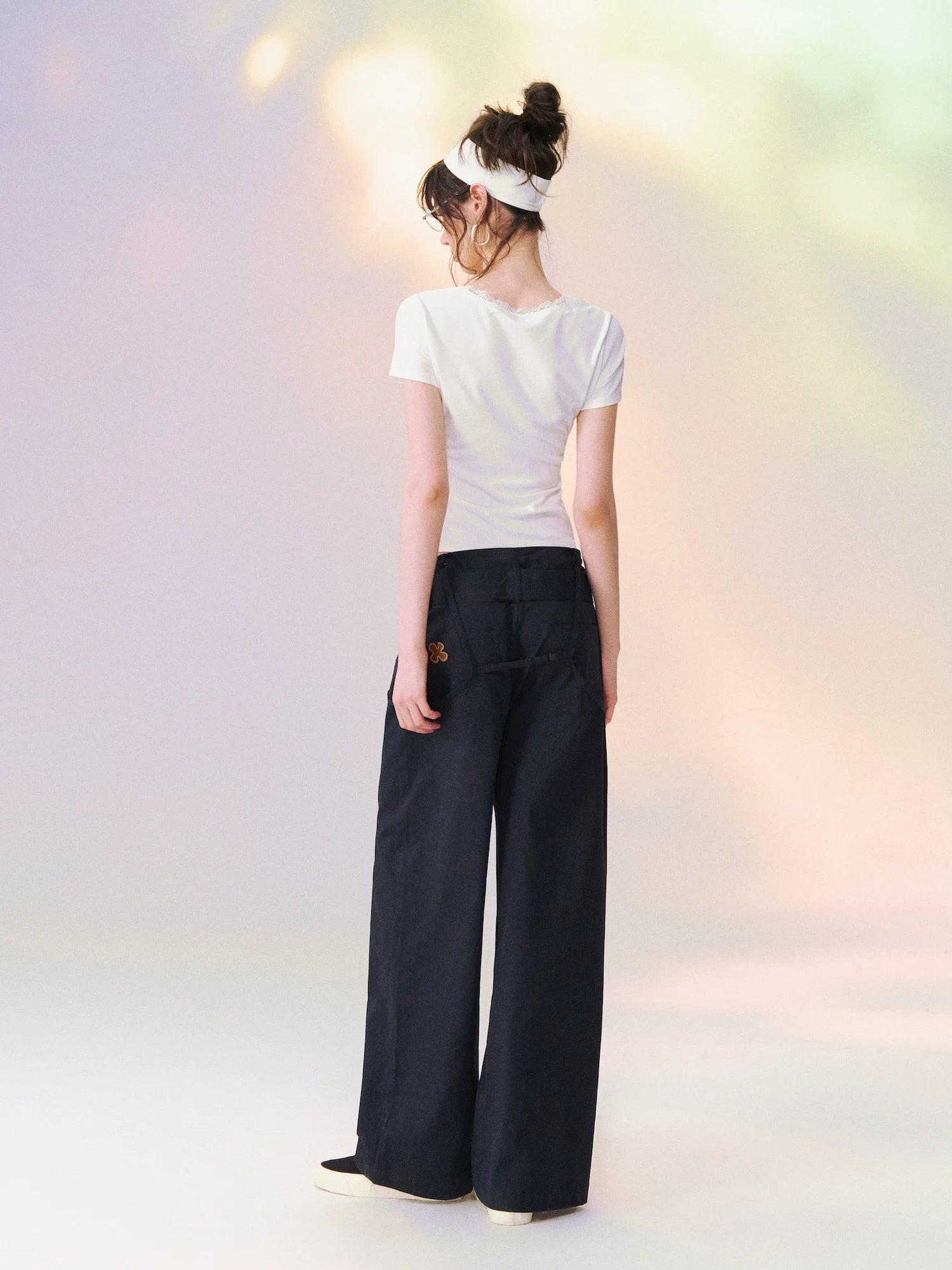 Square Neck Lace-Panel Slim T-shirt
