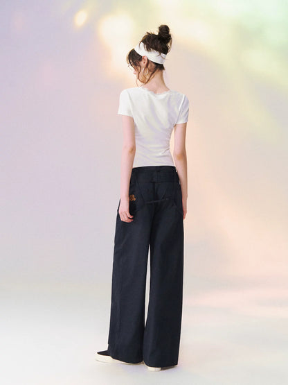 Square Neck Lace-Panel Slim T-shirt