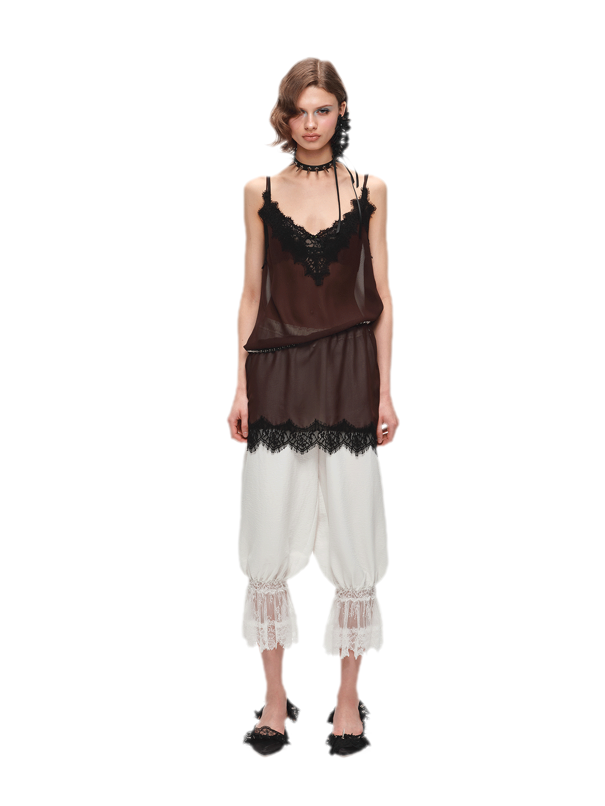 Deep V-Neck Lace Chiffon Satin Dress