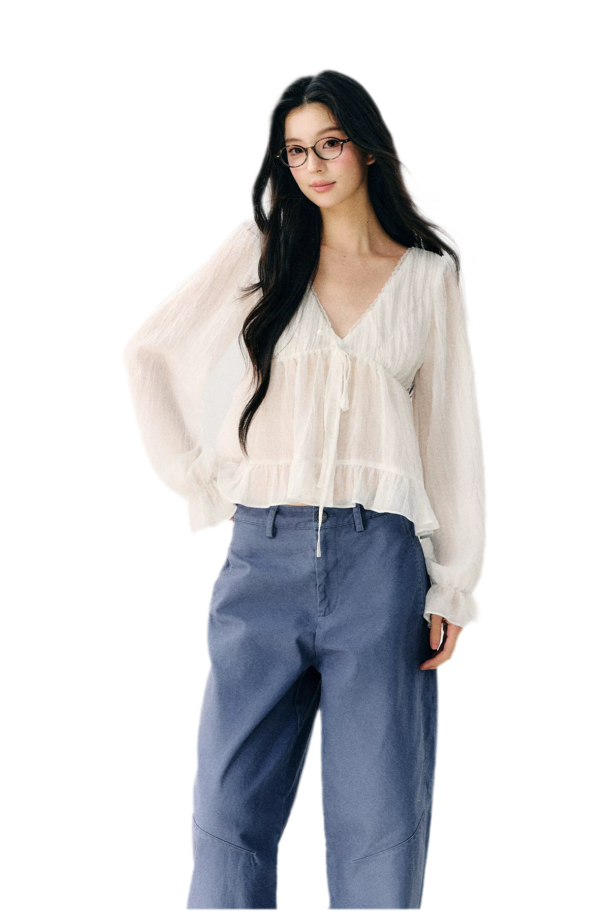 V-Neck Ruffle Chiffon Blouse