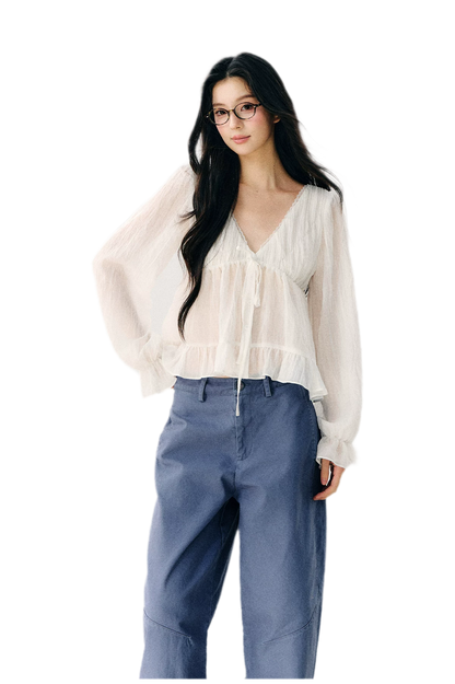V-Neck Ruffle Chiffon Blouse
