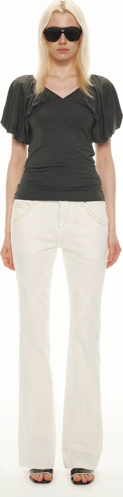 Soft Draped Puff Sleeve V-Neck Slim T-Shirt