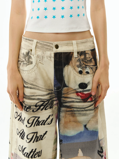 Washed Print Wide-Leg Jeans