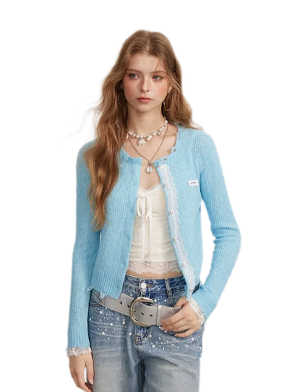 Lace Distressed Cropped Knit Sweater