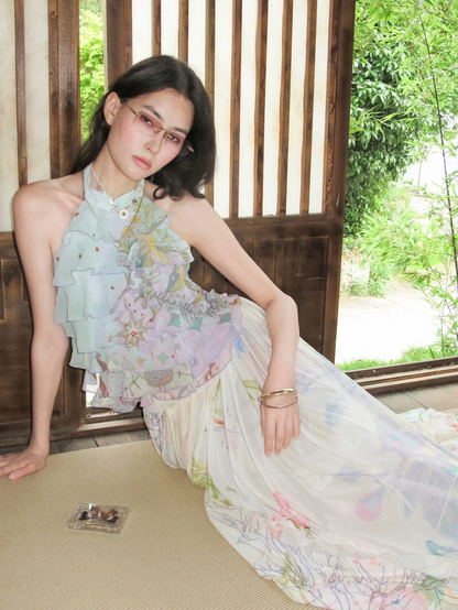 Printed Twist Mesh Long Skirt