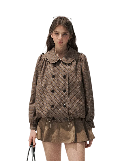 Conjunto de abrigo de cuadros con cuello Peter Pan