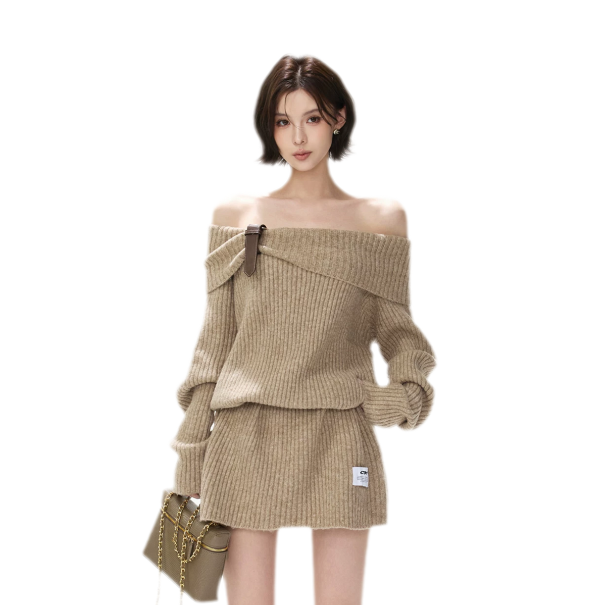 Aufgerautes geripptes One-Shoulder-Strickkleid