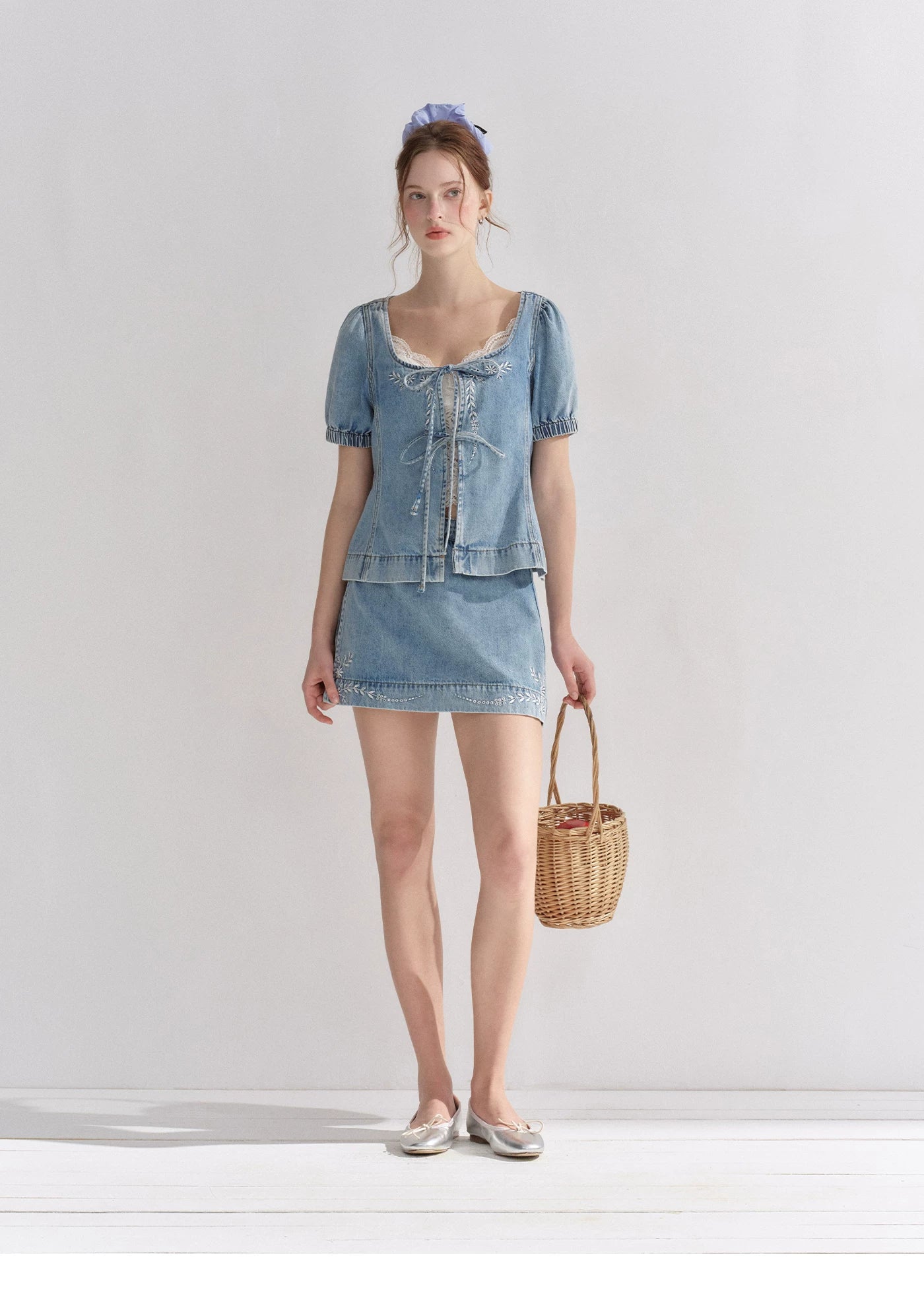 Floral Embroidered Tie Denim Top &amp; Skort Set