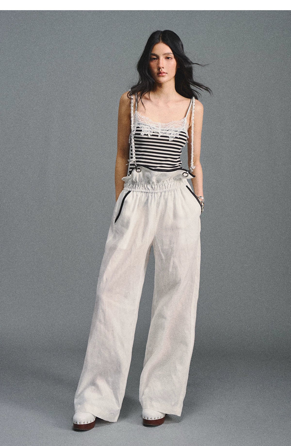 Tencel Linen Contrast Satin Trim Wide-Leg Pants