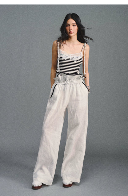 Tencel Linen Contrast Satin Trim Wide-Leg Pants