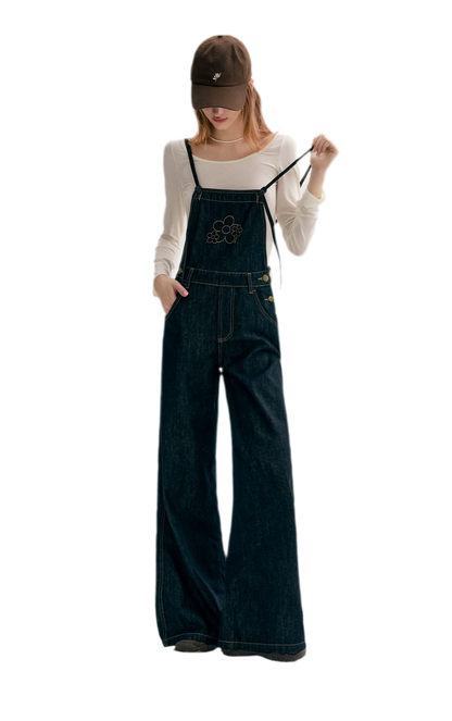Contrast Floral Denim Overalls