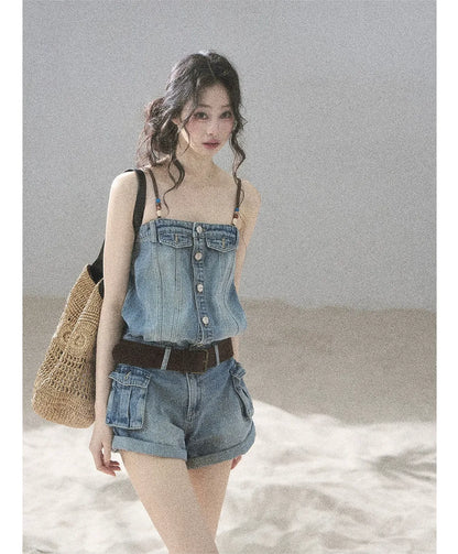 Washed Denim Jumpsuit Shorts