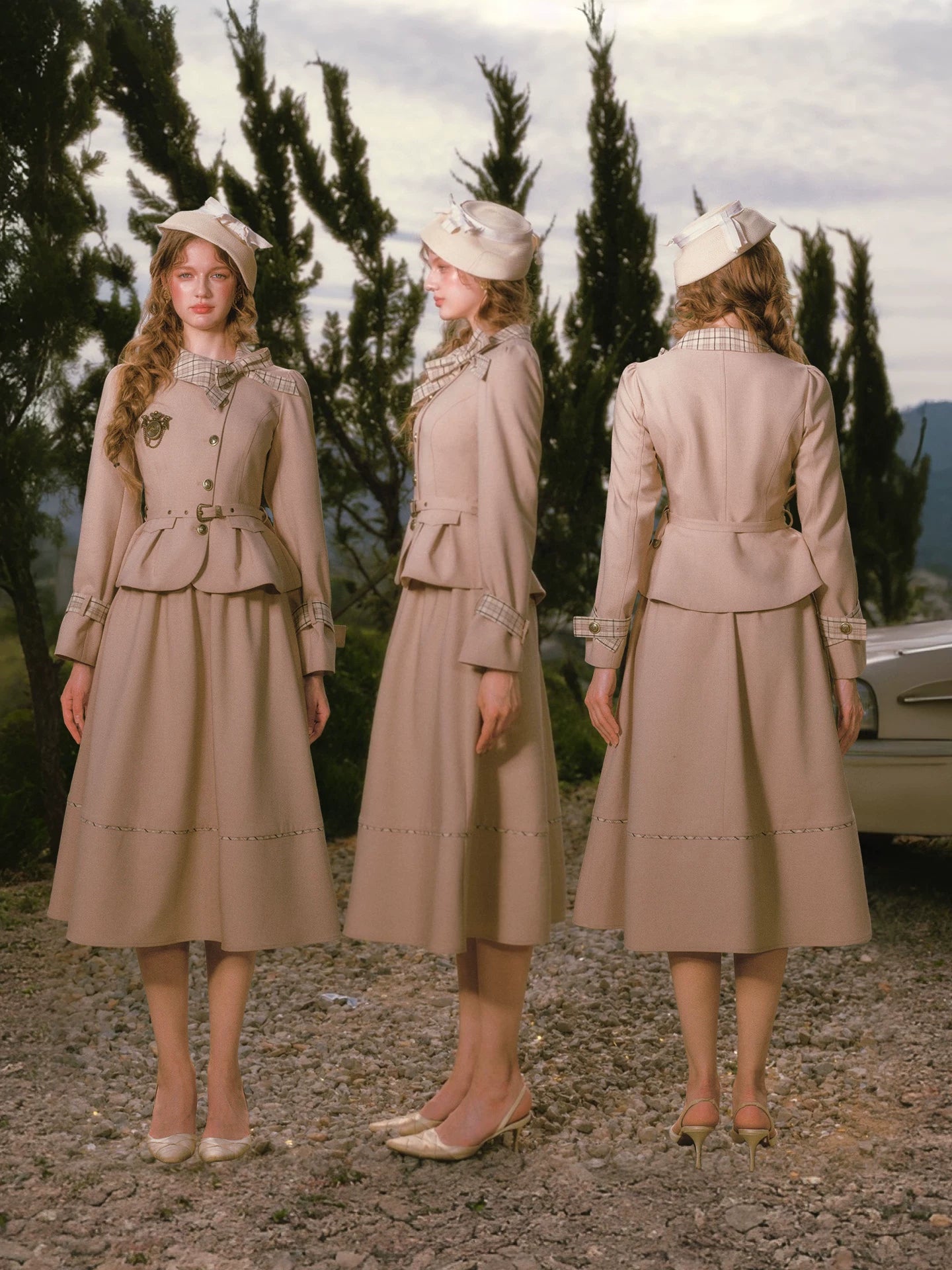 Vintage Belted Trench Skirt Set