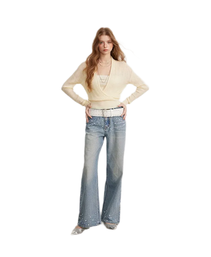 Rhinestone Pearl Wide-Leg Jeans