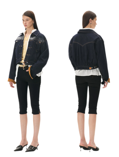 Suede-Patch Coated Denim Jacket