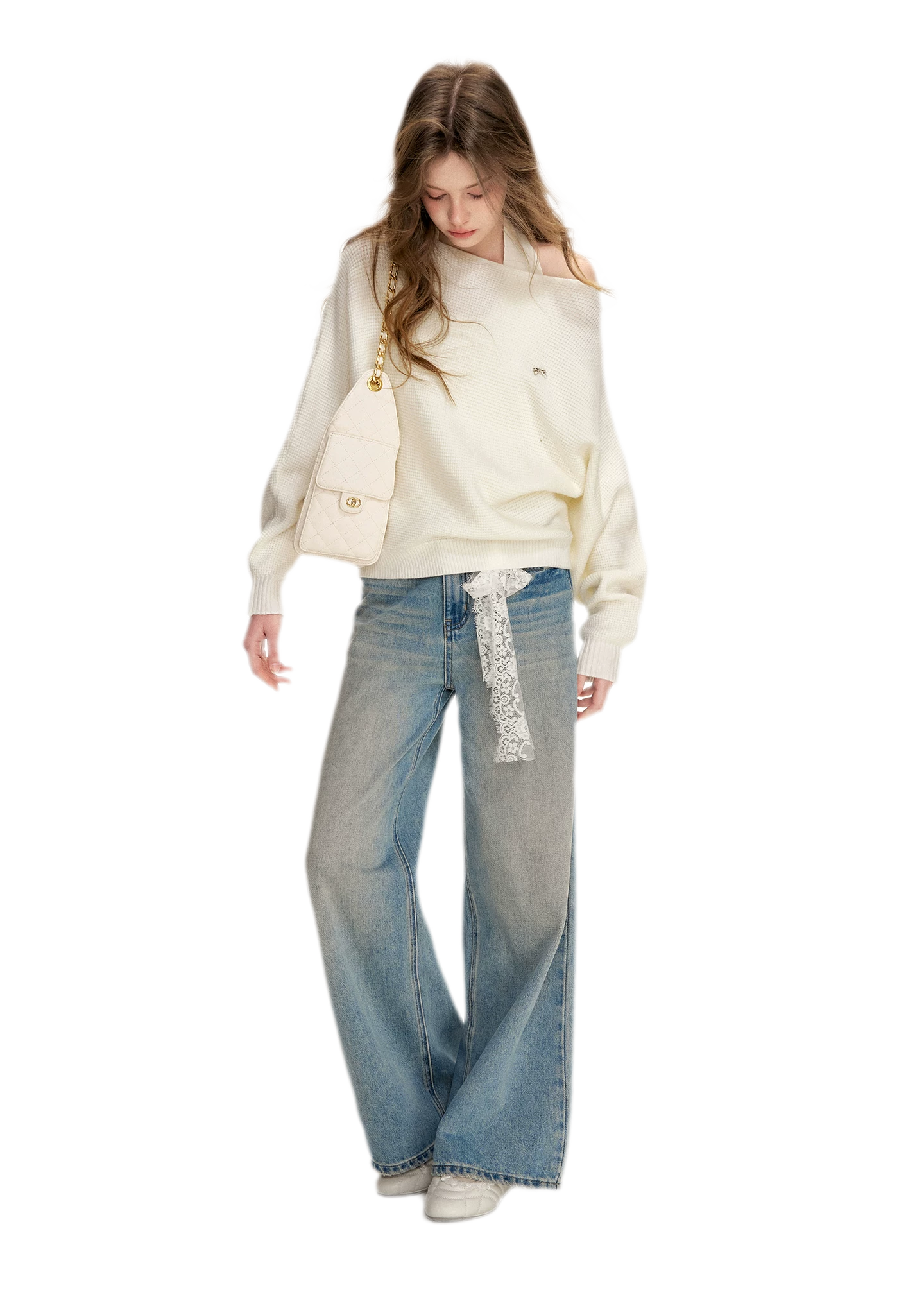 Lace-Trimmed Wide-Leg Denim Pants