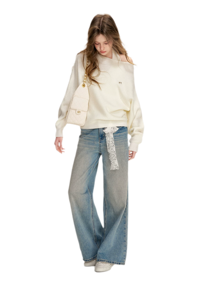 Lace-Trimmed Wide-Leg Denim Pants
