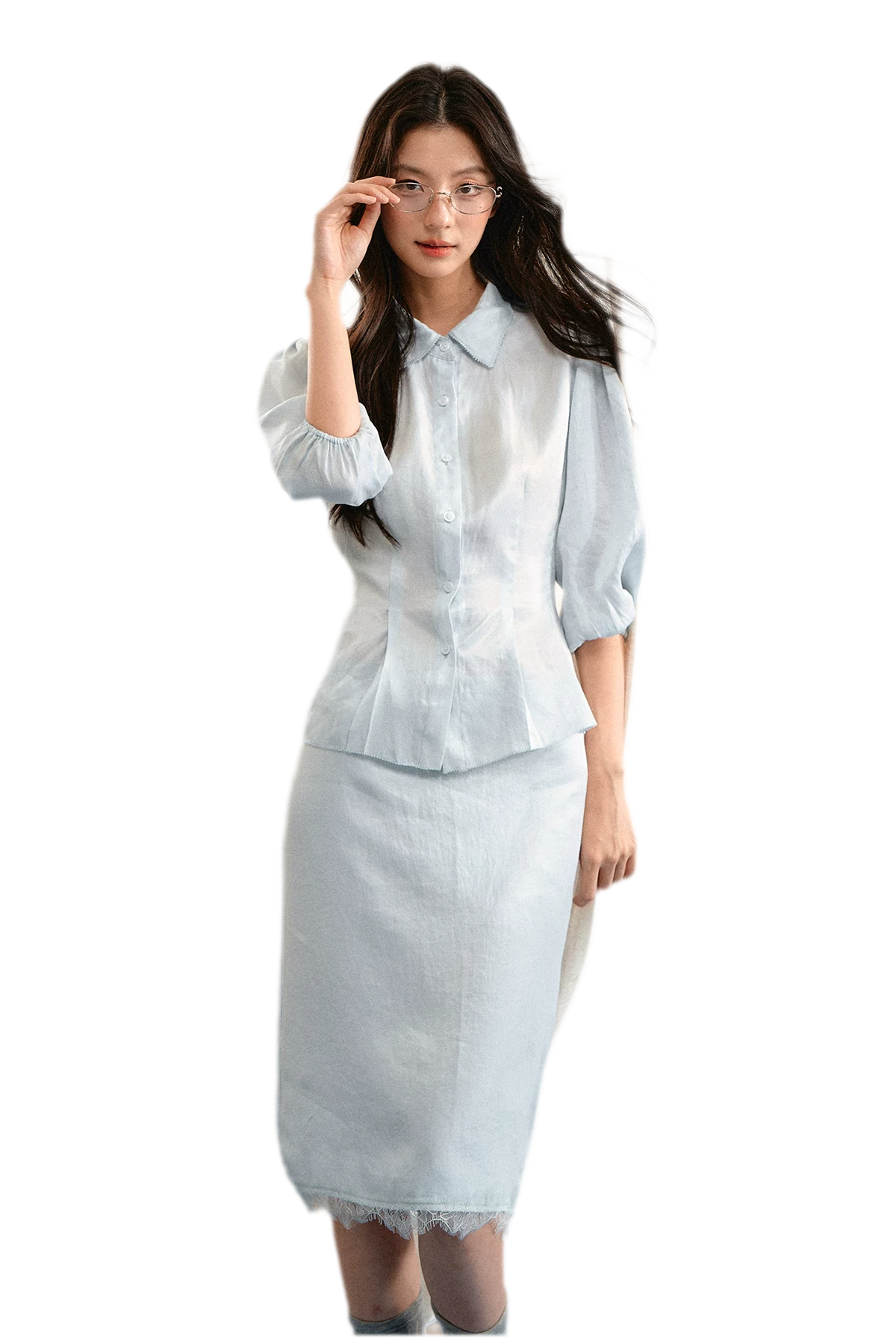 Linen Bubble Sleeve Top Skirt