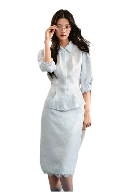 Linen Bubble Sleeve Top Skirt