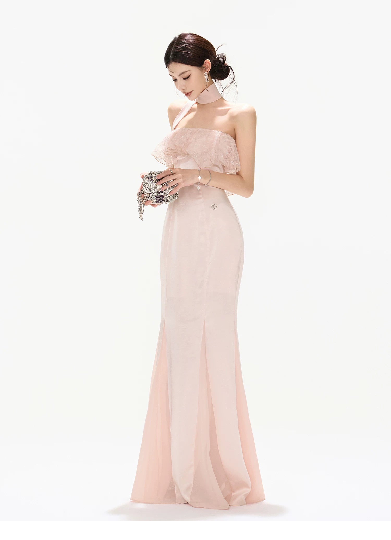 Strapless Lace Ruffle Fishtail Long Dress in Champagne