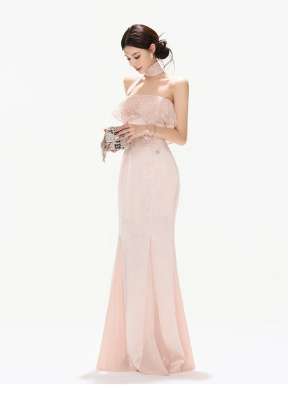 Strapless Lace Ruffle Fishtail Long Dress in Champagne