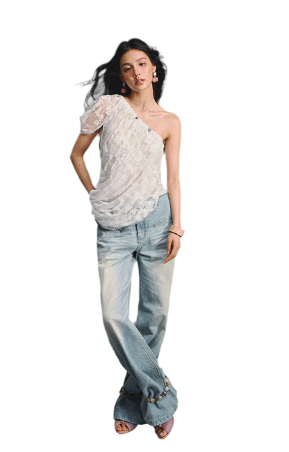 Lace Ruched Asymmetric Top