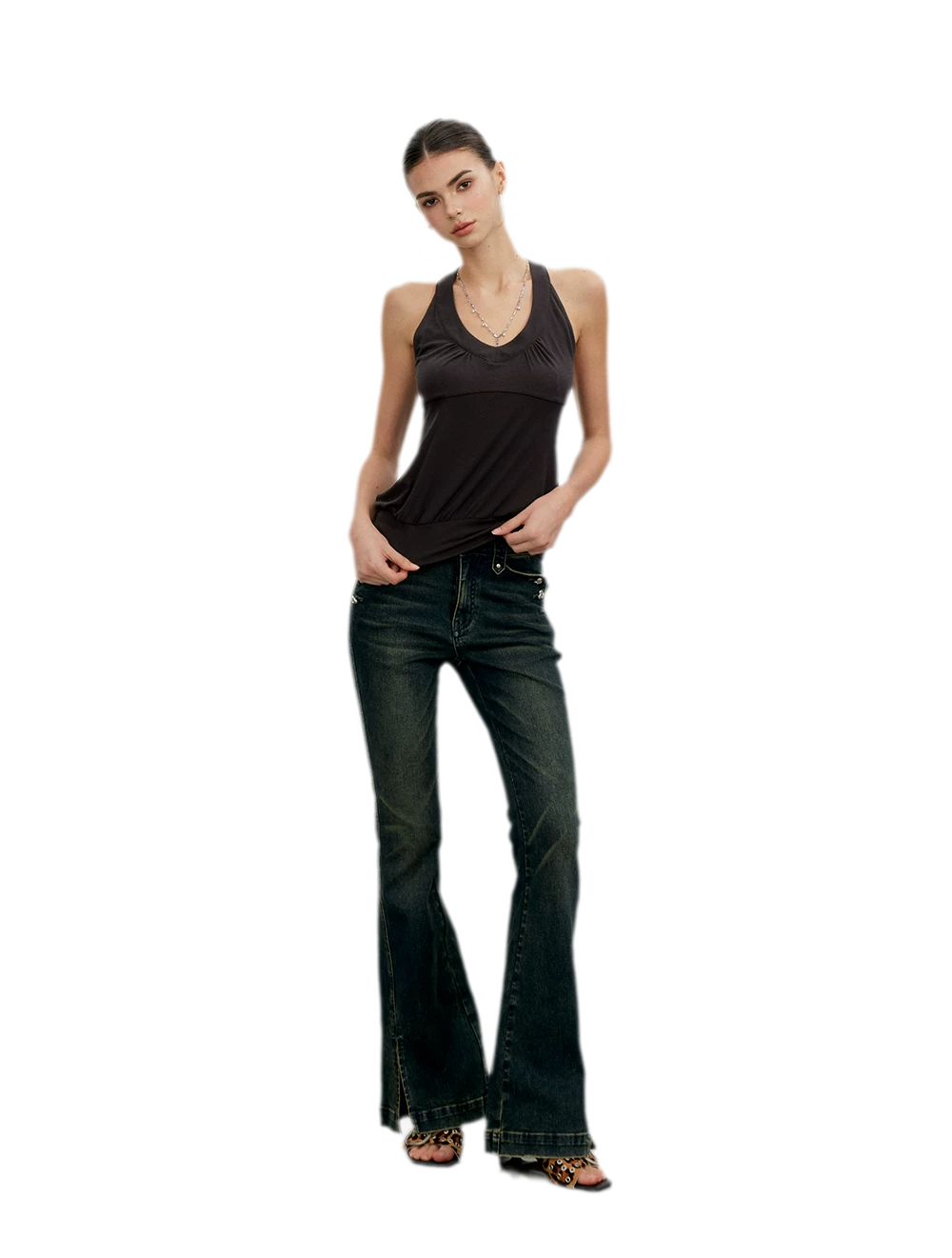 Washed Slit Flare Jeans