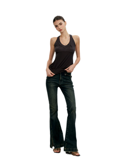 Washed Slit Flare Jeans