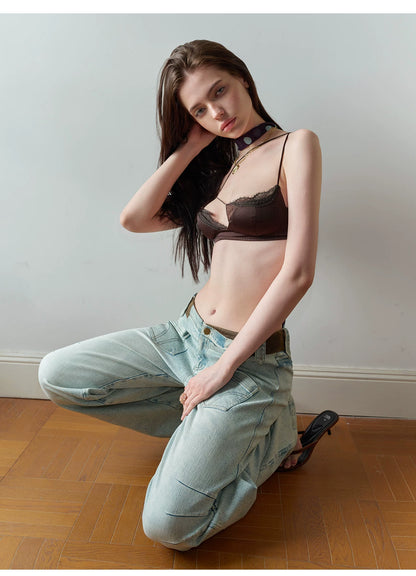 Vintage V-Waist Washed Blue Suede Patch Jeans