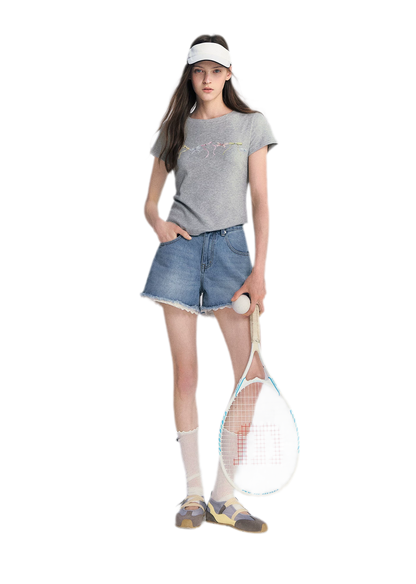 Lace Trim Washed Denim Shorts