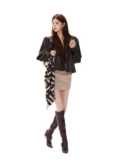 Veste courte froncée en cuir PU