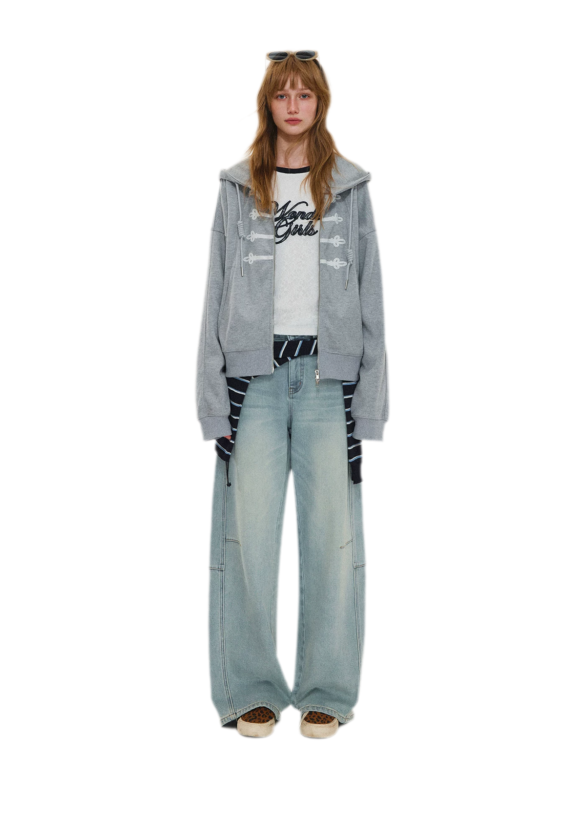 Washed Curved Wide-Leg Jeans