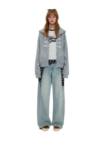 Washed Curved Wide-Leg Jeans