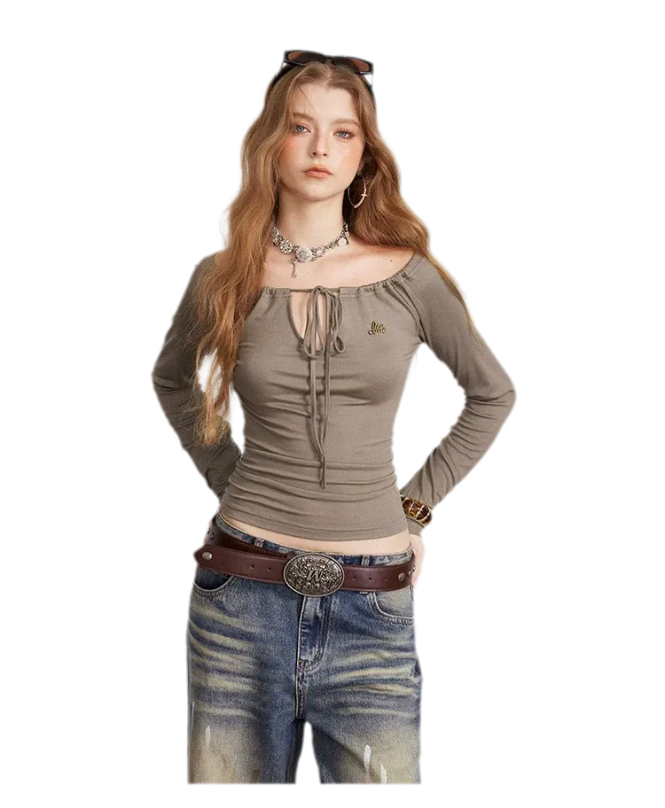 Drawstring Off-Shoulder Long-Sleeve Top