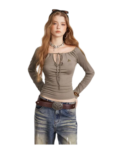 Drawstring Off-Shoulder Long-Sleeve Top