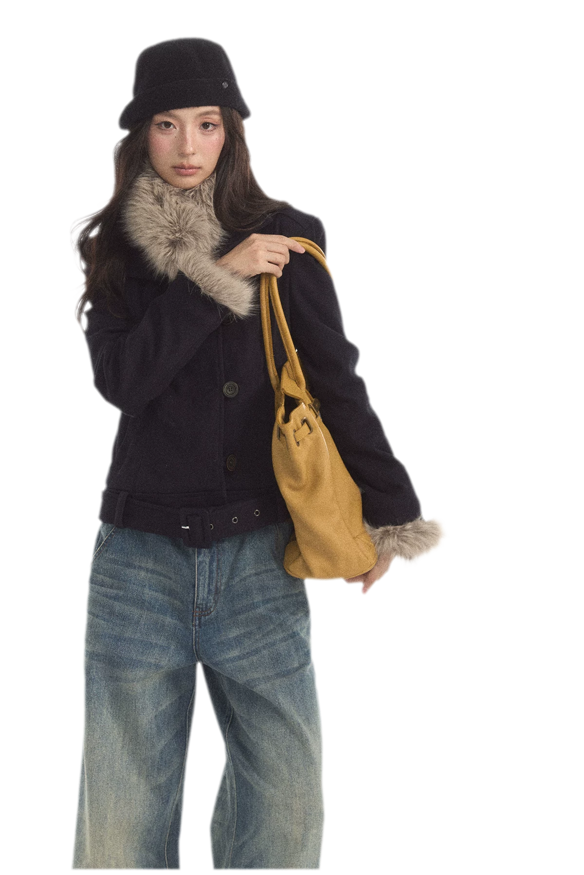 Detachable Fur Collar Twill Coat