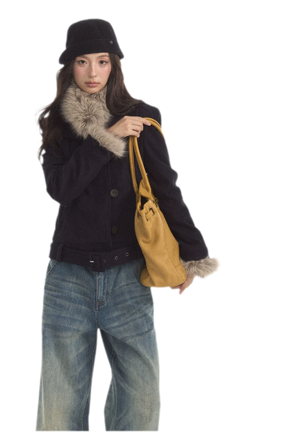 Detachable Fur Collar Twill Coat