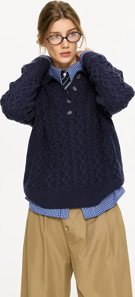 Chunky Cable Knit Polo Sweater