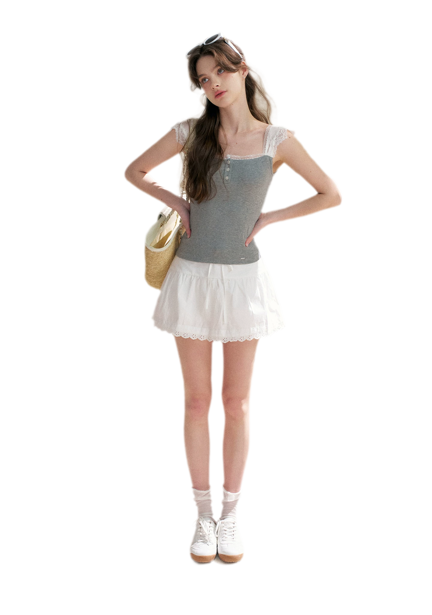 Lace Edge Wide Strap Knit T-Shirt