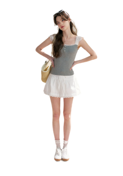 Lace Edge Wide Strap Knit T-Shirt