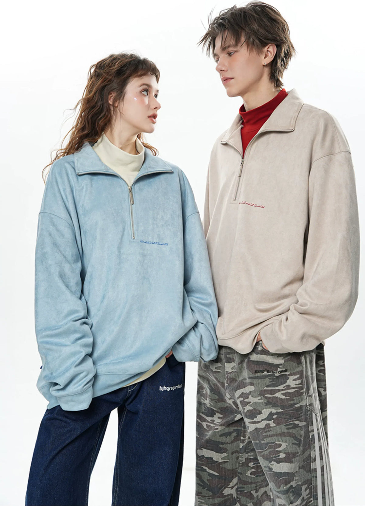 Faux Suede Oversize Polo Sweatshirt