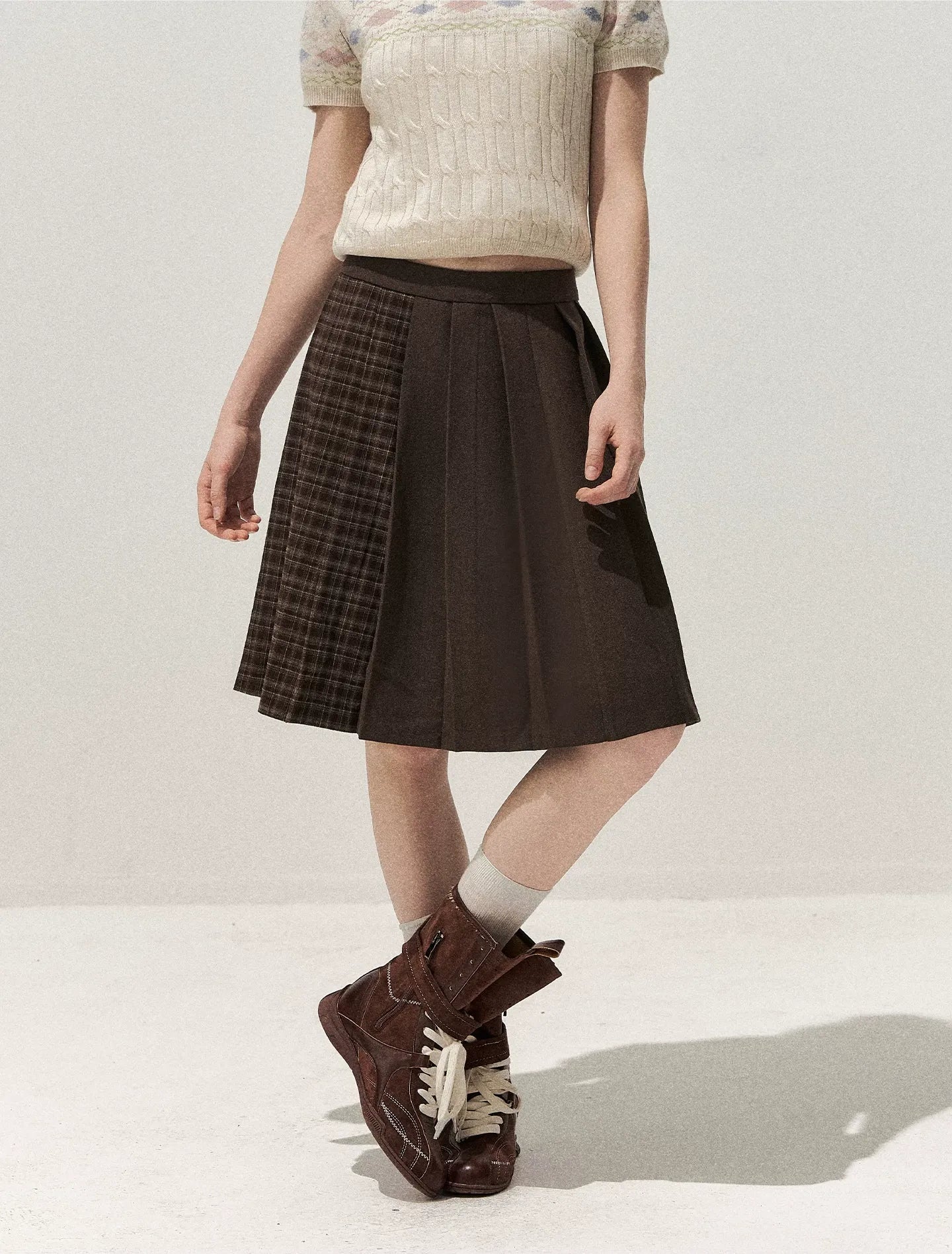 Patchwork Plaid Pleated A-Line Skirt