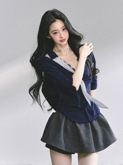 細條紋蕾絲 Polo 衫